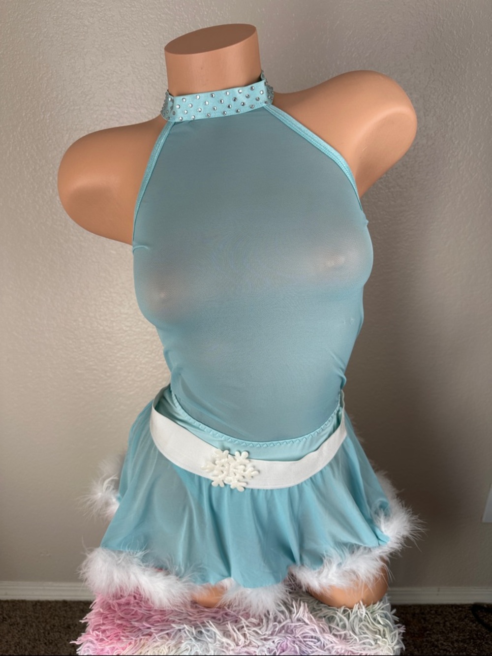 Winter Fuzzy Detail Snow Princess Bodysuit With Mini Skirt OS